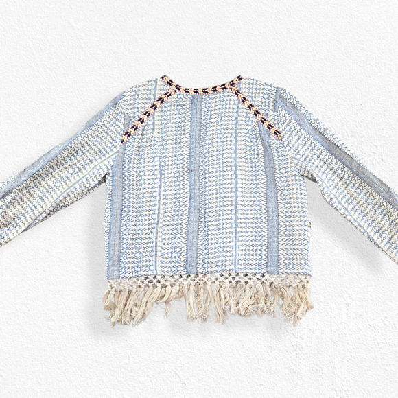 Tularosa Blue White Woven Embroidered Boho Fringe Jacket Open Blazer Size Medium - Picture 10 of 11